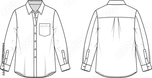 Men long sleeve button down shirt technical fashion drawing front and back view, classic casual apparel template isolated vector illustration