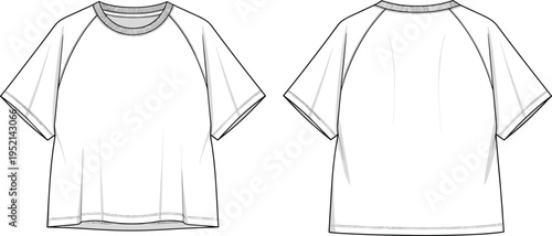 Oversized Raglan Sleeve T Shirt Front and Back View Technical Fashion Template, Short Sleeve Loose Fit Tee Outline Mockup