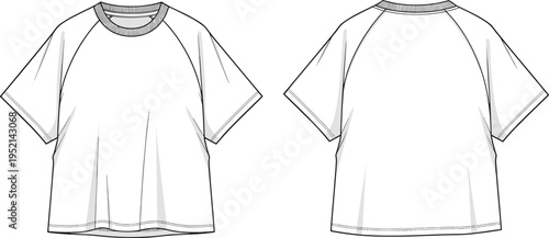 Oversized raglan sleeve t shirt technical fashion drawing front and back view, loose fit casual tee template isolated vector illustration