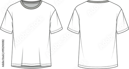 Oversized T Shirt Front and Back View Technical Fashion Template, Short Sleeve Loose Fit Tee Outline Mockup for Apparel Design