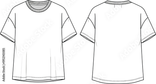 Oversized t shirt technical fashion drawing front and back view, loose fit short sleeve tee template isolated vector clothing illustration
