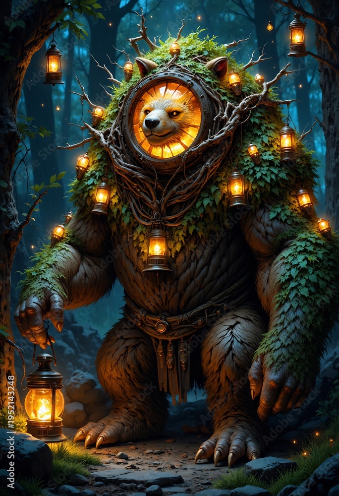 Fototapeta premium A forest creature with lanterns and bear face
