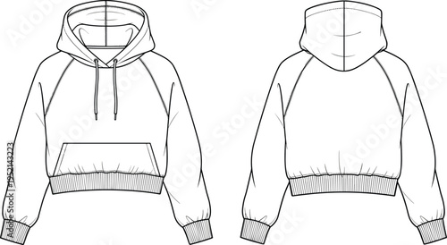 Women cropped hoodie technical fashion drawing front and back view, casual pullover hooded sweatshirt template isolated vector clothing illustration