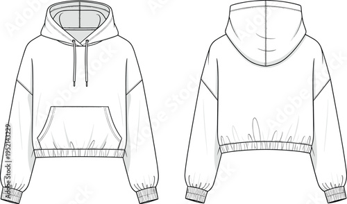 Women cropped pullover hoodie technical fashion drawing front and back view, casual hooded sweatshirt template isolated vector clothing illustration