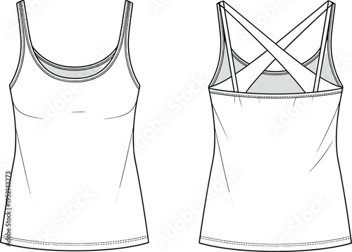 Women cross back tank top technical fashion drawing front and back view, sleeveless athletic shirt template isolated vector clothing illustration