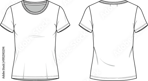 Women fitted t shirt technical fashion drawing front and back view, classic short sleeve tee template isolated vector clothing illustration