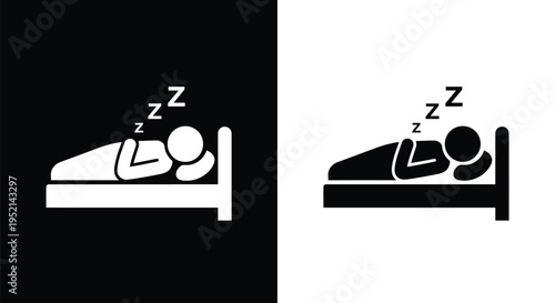 Vector illustration monochrome sleeping person lying in bed with zzz above head on white background