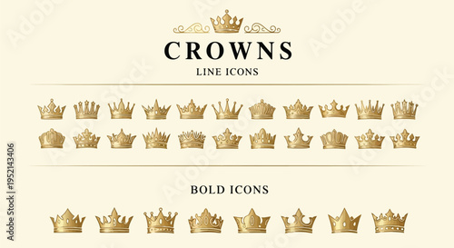Vector illustration of Gold Crowns in Richly Colorful Detailed Style on Cream Background