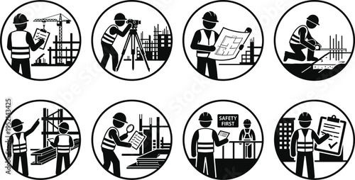 Construction Engineer and Project Management Icon Set Featuring Planning Surveying Inspecting Safety Oversight and Documentation for Civil Engineering and Architecture Design Projects