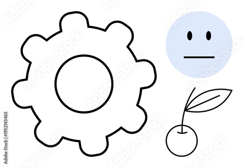 Industrial design, emotion concepts, natural elements, technology, communication, creativity. Minimalist gear, neutral face and cherry. Industrial design and emotion concepts