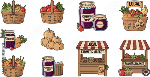 Farmers Market Icons Set Featuring Baskets, Local Produce, Homemade Jam, Fruits, Vegetables, and Market Stalls for Organic and Local Food Designs