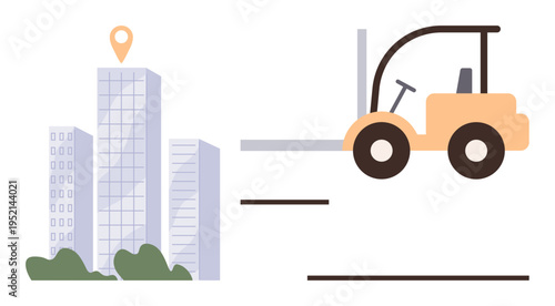 Logistics, real estate, warehousing, urban transportation, delivery systems, commercial spaces. View of tall buildings with location pin, forklift beside them. Logistics and real estate concept