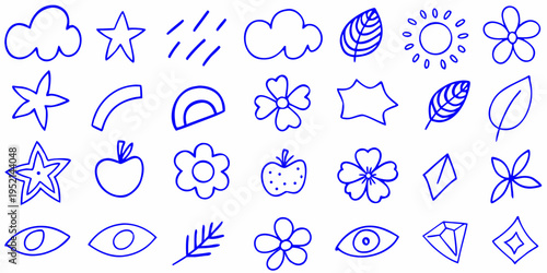 Collection of hand drawn blue line art icons featuring nature and shapes