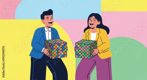 Happy diverse couple holding colorful gift boxes, celebrating surprise, joy, and festive occasions with abstract background