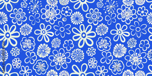 A vibrant blue background filled with numerous white floral designs