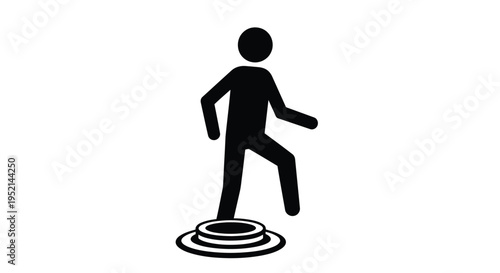 Vector illustration monochrome silhouette of person stepping on button, isolated on white background, simple figure