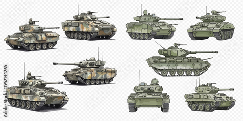 Collection of military tanks and armored vehicles in various perspectives, isolated on a transparent background, depicting modern warfare and defense.