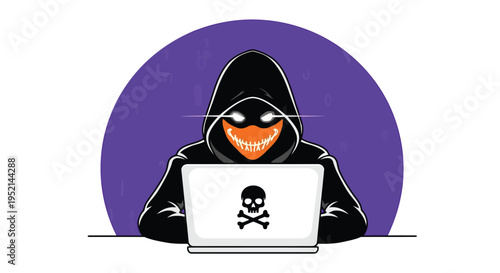 Vector illustration detailed of hooded hacker with laptop and skull on screen in purple background