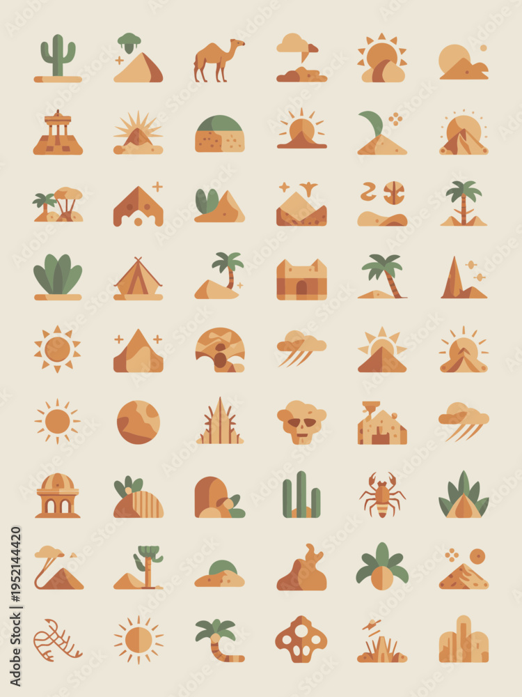 Fototapeta premium Desert Travel and Adventure Flat Icon Set