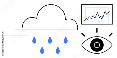 Cloud computing, data visualization, analytics, technology, forecasting, trends. A cloud with raindrops, graphical growth chart and observing eye. Cloud computing and data visualization concept