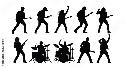 Vector illustration of Rock Band Silhouettes Playing Instruments Energetically on Stage