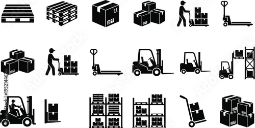 Comprehensive Collection of Warehouse Logistics and Material Handling Icons Featuring Forklifts Pallets Cartons Racking Systems and Transport Equipment for Supply Chain and Industrial Design Projects