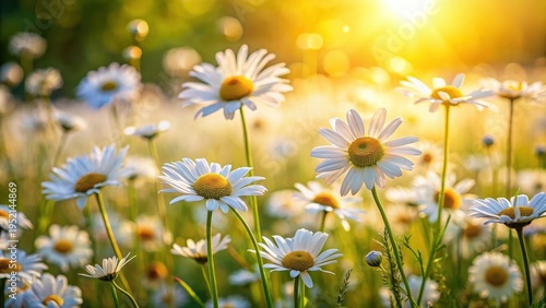 A photo of a meadow filled with blooming chamomile and daisy flowers in the suns rays during spring or summer