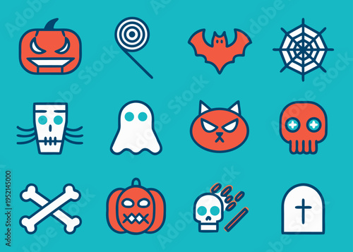 Twelve Halloween graphics including a swirl lollipop and a monster with whiskers are arranged in a vector icon set on a teal background.