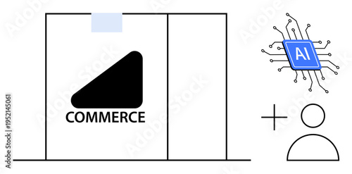 Artificial intelligence, e-commerce, human-technology integration, digital marketing, innovation, business solutions. Visuals of AI chip, commerce symbol human icon. AI and e-commerce theme