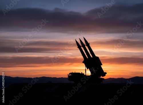 The missiles are aimed to the sky at sunset. Nuclear bomb, chemical weapons, missile defense, a system of salvo fire.