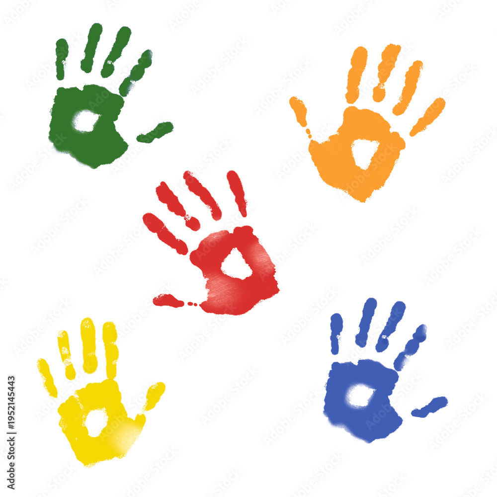 Fototapeta premium Vibrant paint handprints in various colours isolated on transparent background; PNG