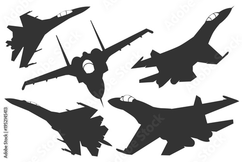 Clean black and white vector set of modern fighter jet sukhoi su-27. Monochrome military interceptor aircraft asset from russia. Silhouette pack fighter jet with various angle.