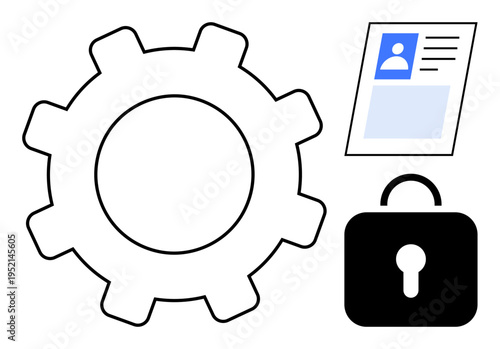 Security concept. Security symbols thumbs up gear, ID card, and lock for efficient access control and identity management. Security ensures system reliability and data protection. For tech, business