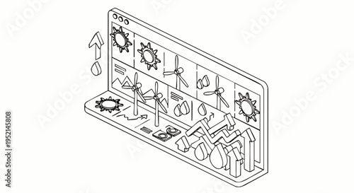 Isometric line art illustration showing a detailed diagram of renewable energy generation, resource management, and sustainable technology system.