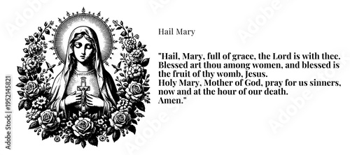 Hail Mary Prayer Typography Design with Blessed Virgin Mary Icon