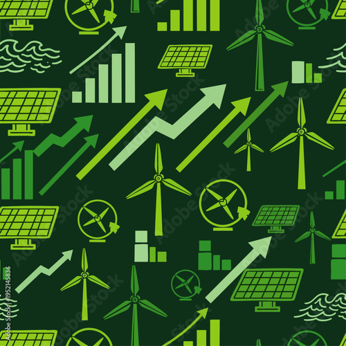 Green energy growth and sustainability concept with solar panels, wind turbines and rising charts on dark background