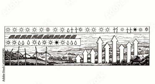 Renewable energy sources and their impact on the environment and economy, illustrated with icons and graphs.