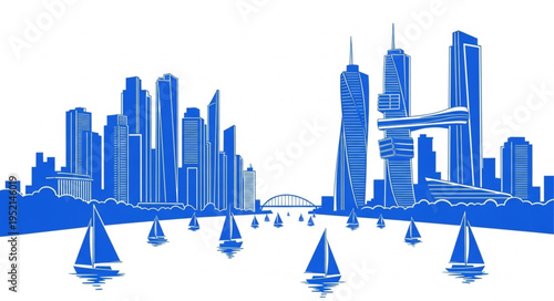 Blue Silhouette Cityscape with Sailboats on Water.