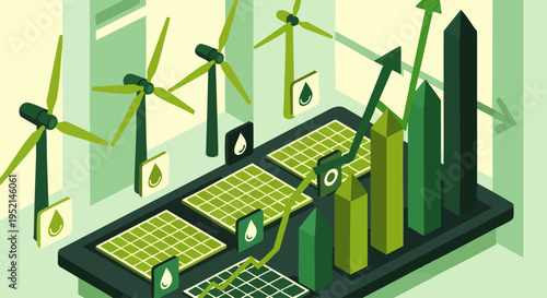 Green energy investment growth chart with solar panels and wind turbines, symbolizing renewable energy business and sustainability.