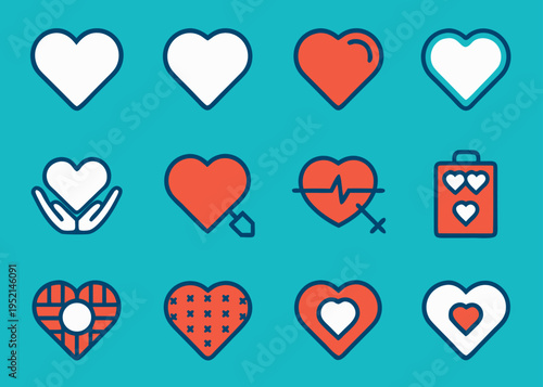 Twelve heart icons are distributed over a solid teal background.