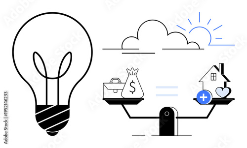 Financial balance concept. Financial balance illustrated with symbolic elements thumbs up money, house, and health. Financial priorities and smart decisions. Perfect for economics, budgeting