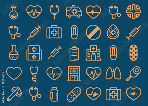 Thirty-six tan outline medical icons on a solid dark blue background.