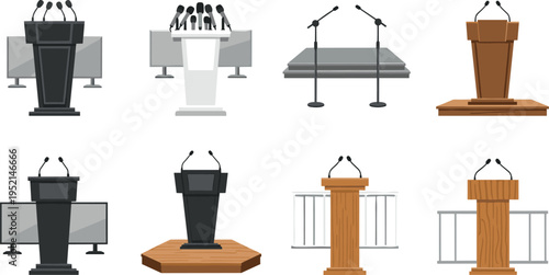 Conference Podium and Stage Setup Collection with Microphones, Speech Platforms, Debate Lecterns, and Public Speaking Event Elements Vector Illustration Set
