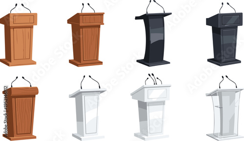 Modern and Classic Podium Collection with Wooden and Transparent Lecterns, Microphones, and Public Speaking Presentation Stands Vector Illustration Set