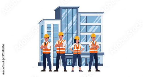Construction workers standing in front of a modern building.