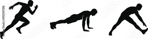 Professional Fitness and Exercise Silhouette Set Featuring Male Athlete Running Doing Push Ups and Stretching for Health and Workout Design