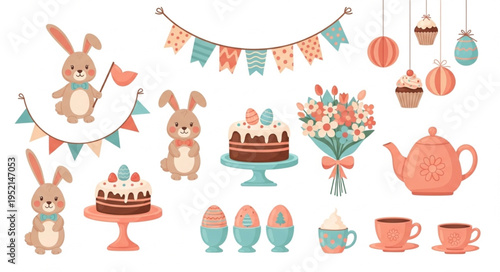 Easter Celebration Elements with Bunnies Cakes and Flowers.