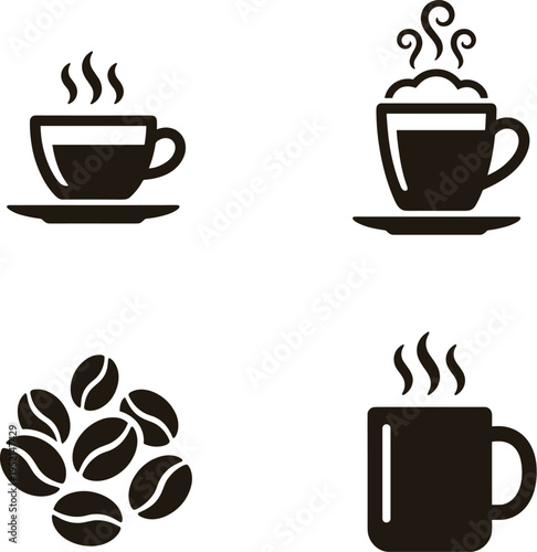 Professional Coffee and Espresso Icon Set Featuring Hot Coffee Cups with Steam Roasted Coffee Beans and Cappuccino Mug Silhouette Illustrations