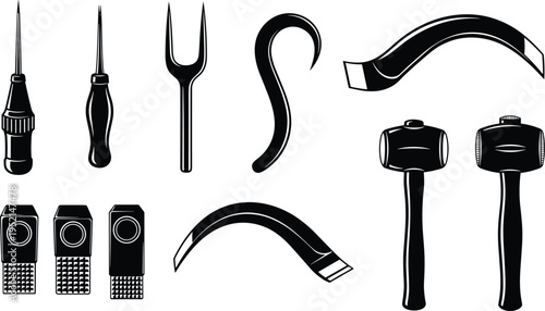 Blacksmith tool silhouette collection, metalworking vector set, forging equipment illustration, black and white tool icons, craft clipart, workshop design art