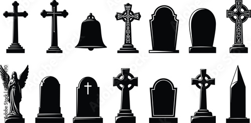 Black silhouette vector illustrations of cemetery gravestones celtic crosses church bells and mourning angel statues for funeral memorial spooky halloween and religious graveyard design elements.